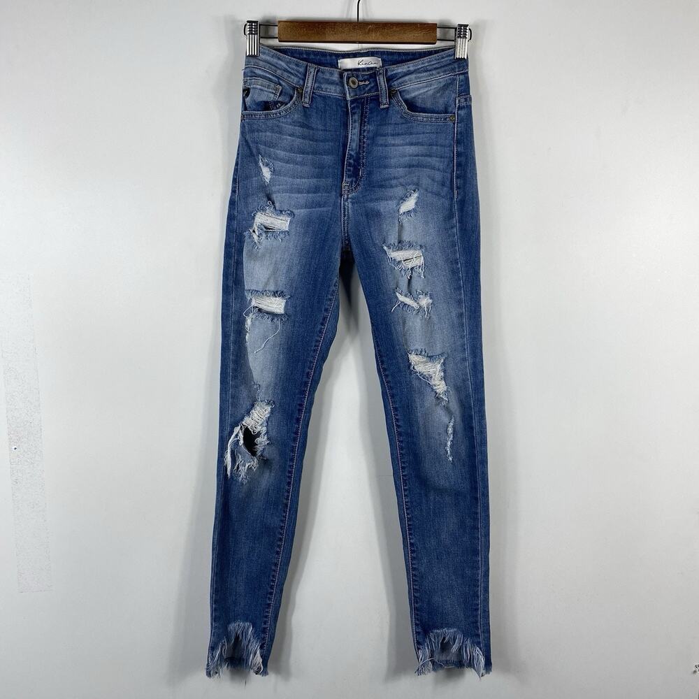 Kancan Skinny Jeans Women's 3 25 Distressed Frayed Step Hem Blue Medium Wash